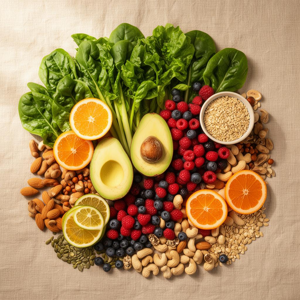 Overhead flat lay of fresh whole foods: greens, berries, avocado, citrus, nuts